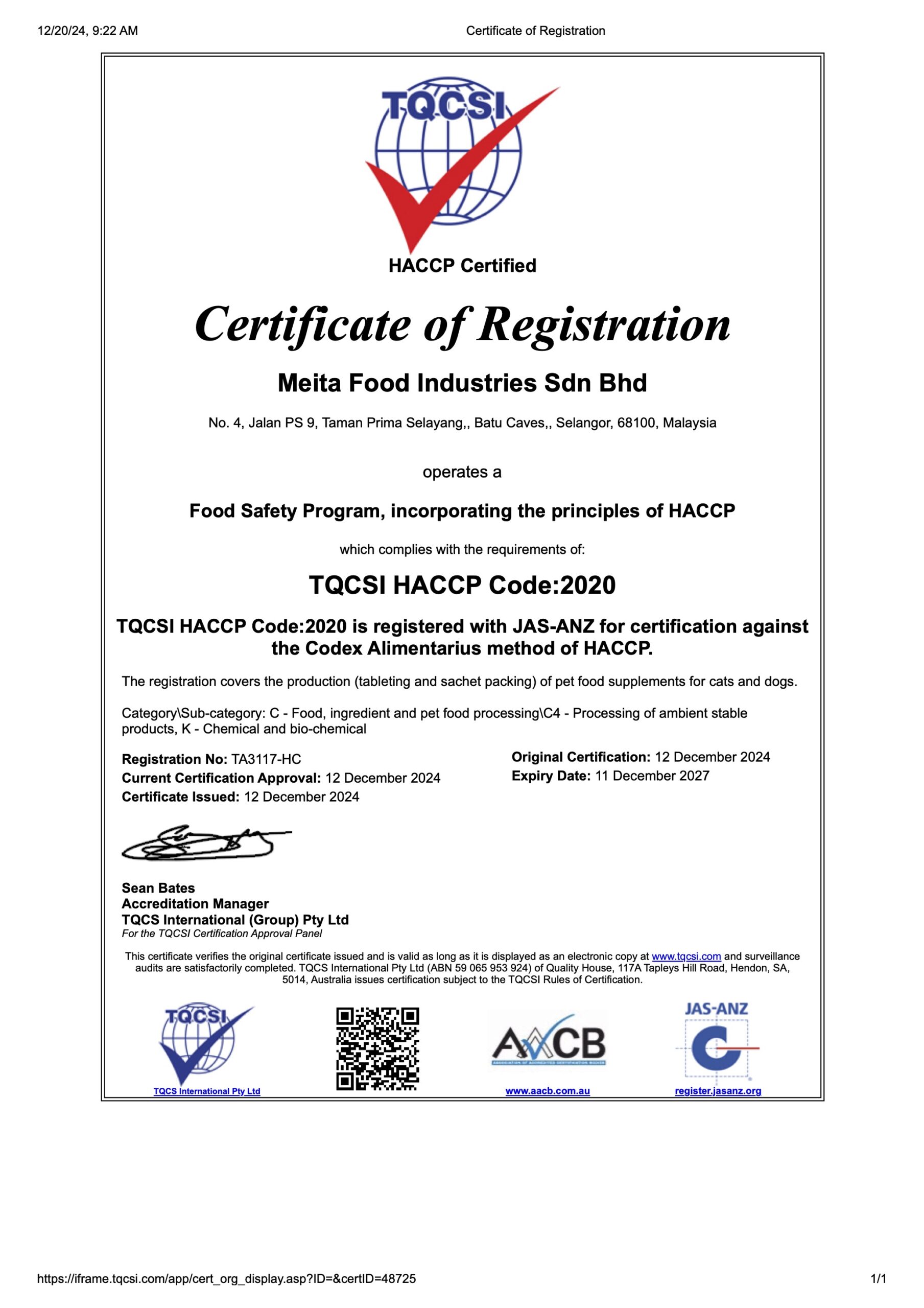 Meita Food Industries Sdn Bhd HACCP